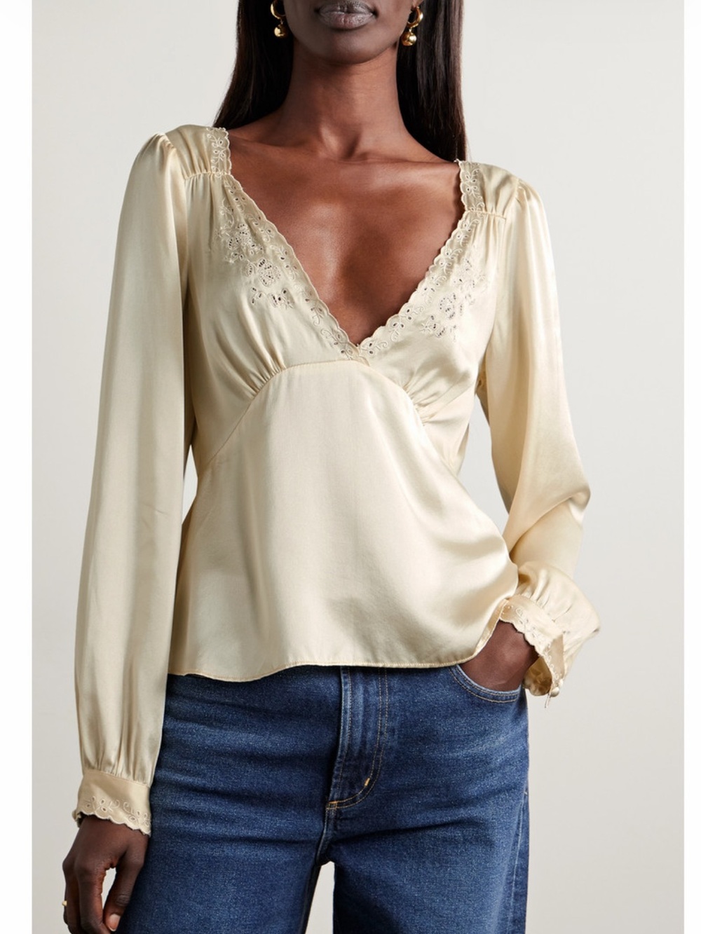 DÔEN
Freyda broderie anglaise-trimmed silk-satin blouse